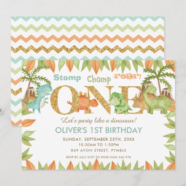 Invitation Chic Aquarelle mignonne Dinosaur 1ère fête d'anniv (Devant / Derrière)