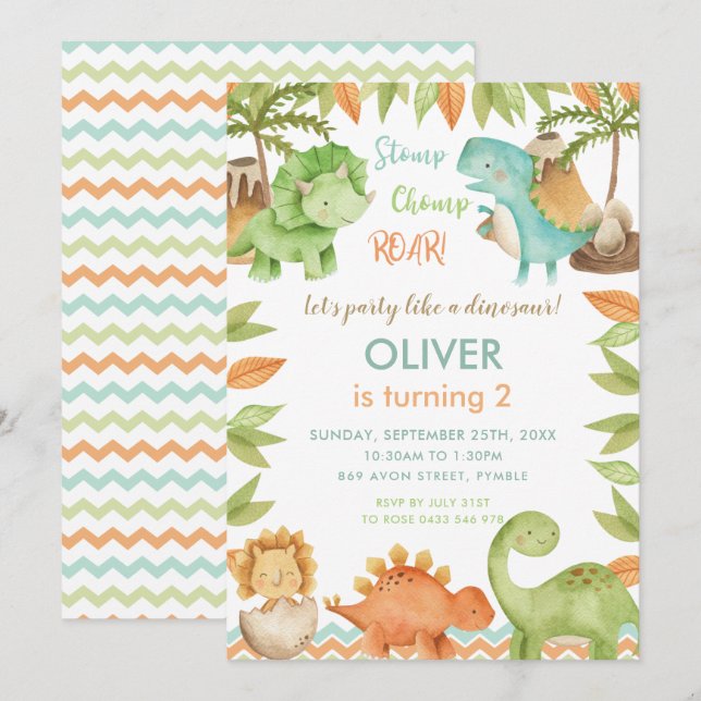 Invitation Chic Aquarelle mignonne Dinosaur Garçon Fille Anni (Devant / Derrière)