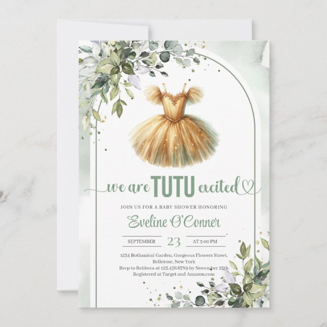 Invitation Chic aquarelle or tutu robe eucalyptus fille (Devant)