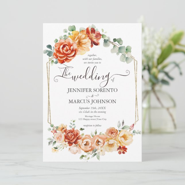 Invitation Chic Aquarelle Pêche Florale, Or, Mariage orange (Debout devant)