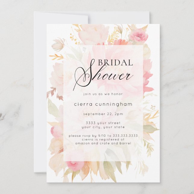 Invitation Chic Aquarelle Peony rose Fête des mariées florale (Devant)