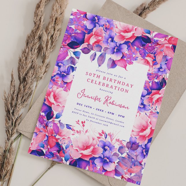 Invitation Chic Aquarelle Purple Floral 50e fête d'anniversai (Chic Watercolor Purple Floral 50th Birthday Party Invitation)