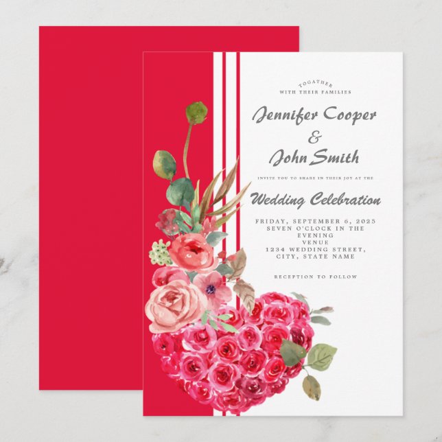Invitation Chic Aquarelle Rose Coeur Moderne Floral Mariage (Devant / Derrière)