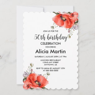 Invitation Chic Aquarelle Rouge Pavot vert 50e anniversaire