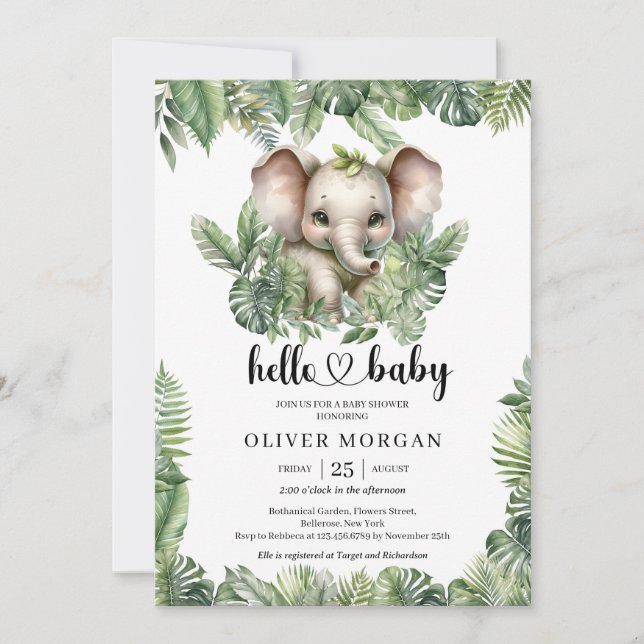 Invitation Chic Aquarelle tropicale verdure elphant mignon (Devant)