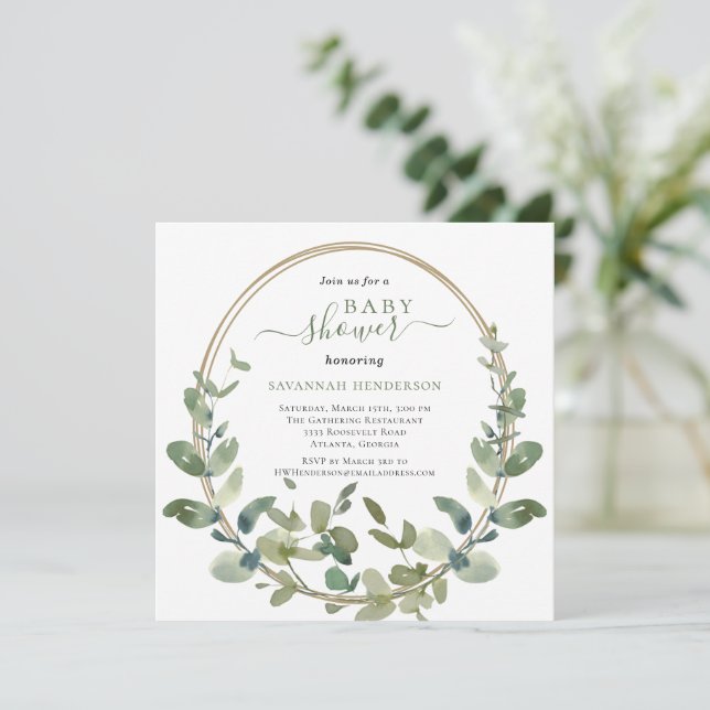 Invitation Chic Aquarelle Verdure Baby shower Or (Debout devant)