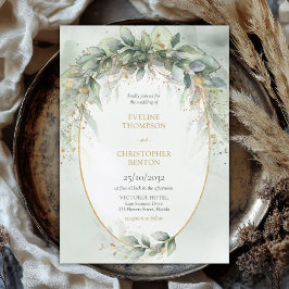 Invitation Chic aquarelle verdure et cadre or mariage