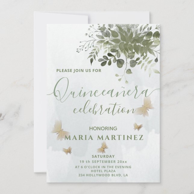 Invitation Chic aquarelle verte eucalyptus Quinceañera (Devant)