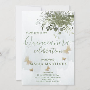 Invitation Chic aquarelle verte eucalyptus Quinceañera