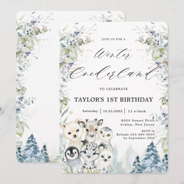 Invitation Chic Arctic Animaux Hiver Onederland 1er anniversa (Devant / Derrière)