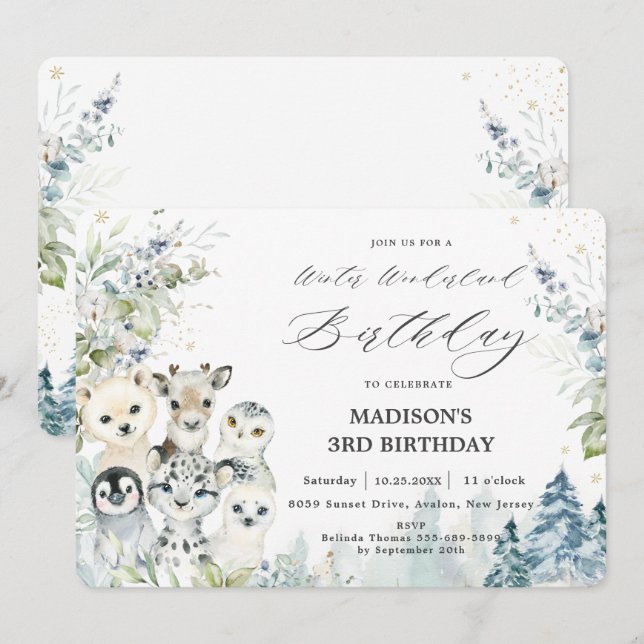 Invitation Chic Arctic Animaux Hiver Wonderland Anniversaire (Devant / Derrière)