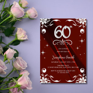 Invitation Chic Argent Cadre Floral Bourgogne 60e anniversair