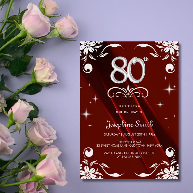 Invitation Chic Argent Cadre Floral Bourgogne 80e anniversair (Créateur téléchargé)