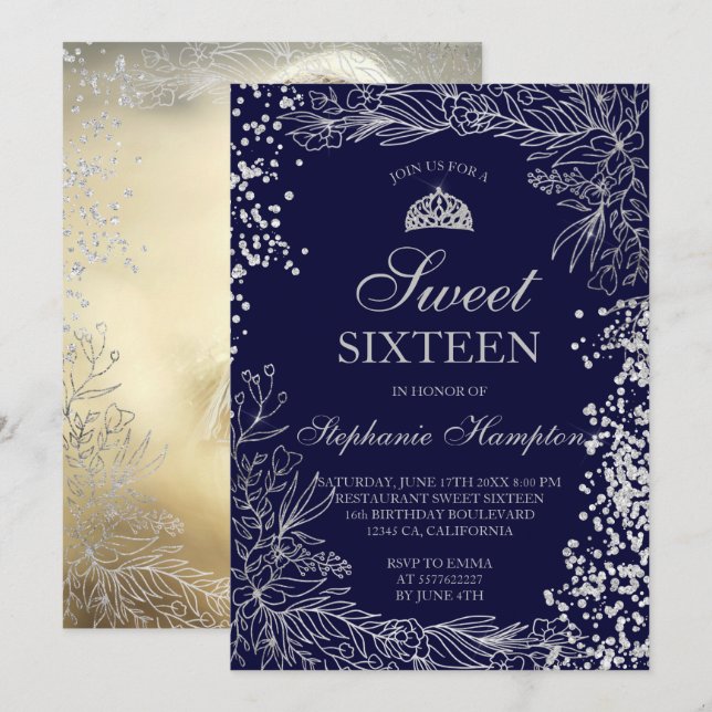 Invitation Chic argent floral marine bleu Tiara chic Sweet 16 (Devant / Derrière)