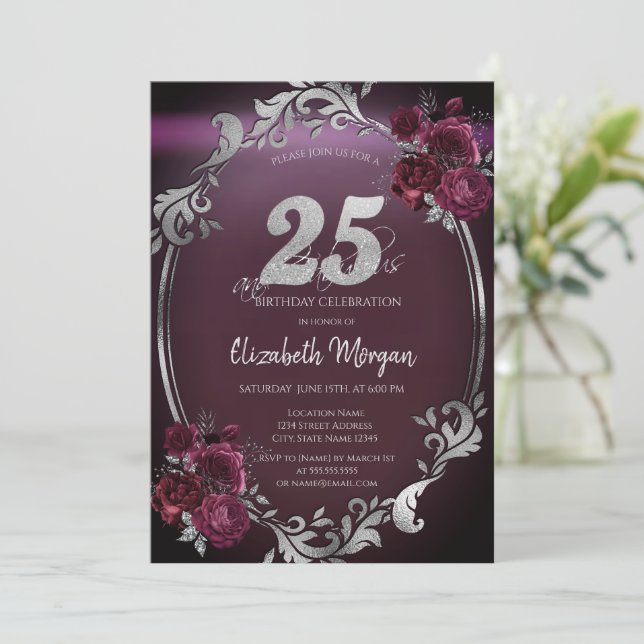 Invitation Chic Argent Frame Bourgogne Roses 25e anniversaire (Debout devant)