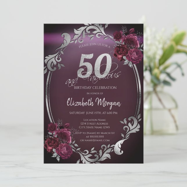 Invitation Chic Argent Frame Bourgogne Roses 50e anniversaire (Debout devant)