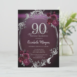 Invitation Chic Argent Frame Bourgogne Roses 90e anniversaire