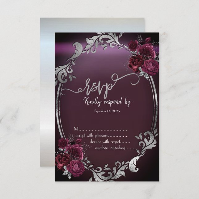 Invitation Chic Argent Frame Bourgogne Roses RSVP (Devant / Derrière)