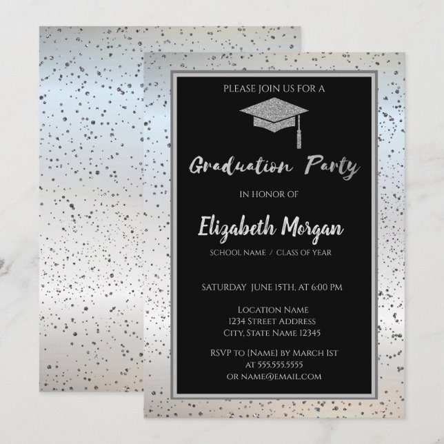 Invitation Chic Argent Parties scintillant Graduation Cap, Co (Devant / Derrière)