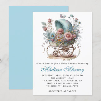 Invitation Chic Baby shower à poussette bleu et rose