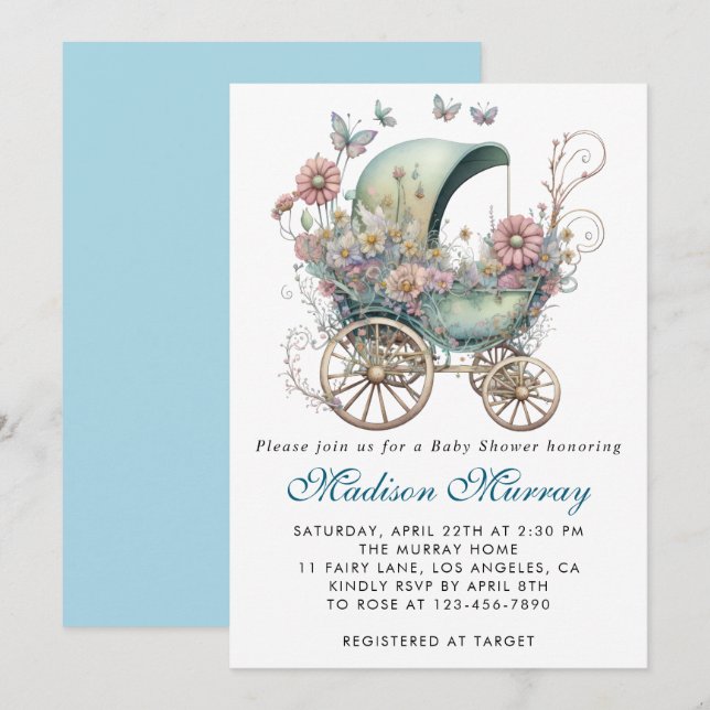 Invitation Chic Baby shower à poussette bleu et rose (Devant / Derrière)