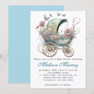 Invitation Chic Baby shower à poussette bleu et rose