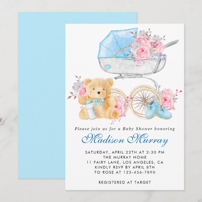 Invitation Chic Baby shower de poussette bleu et rose (Devant / Derrière)