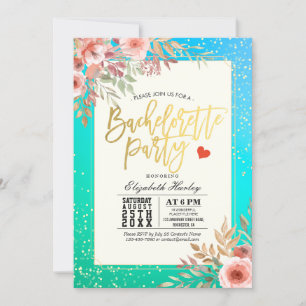 Invitation Chic Bachelorette Party rose Floral Turquoise Gold