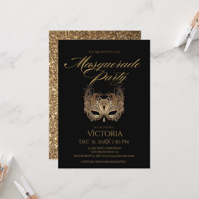 Invitation Chic Black and Gold Masquerade Party Anniversaire (Devant/Arrière en situation)