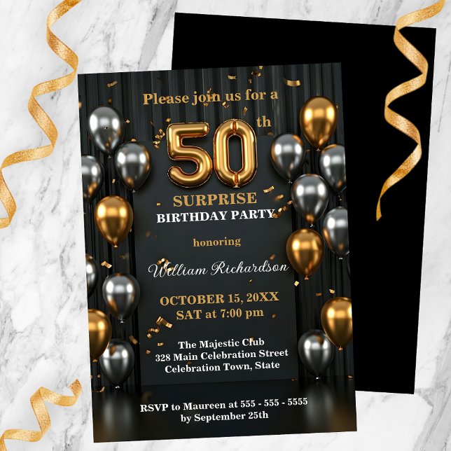 Invitation Chic Black and Gold Silver Balloon 50e anniversair (Créateur téléchargé)