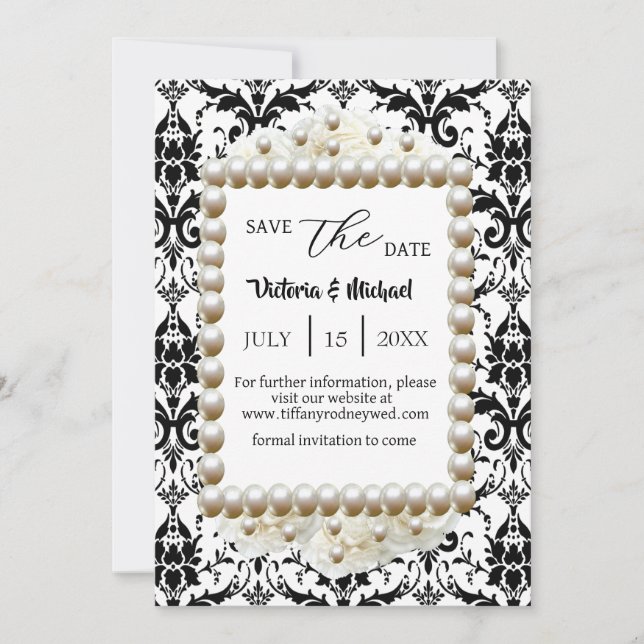 Invitation Chic Black $ Blanc Damask Pearl Économisez-Le-Date (Devant)