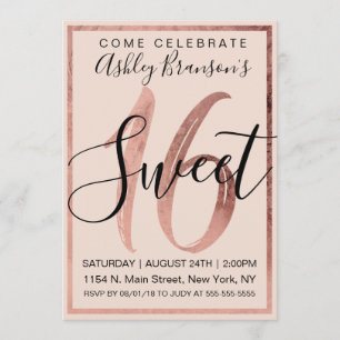 Invitation Chic Black Blush Pink Faux Rose Gold Foil Sweet 16