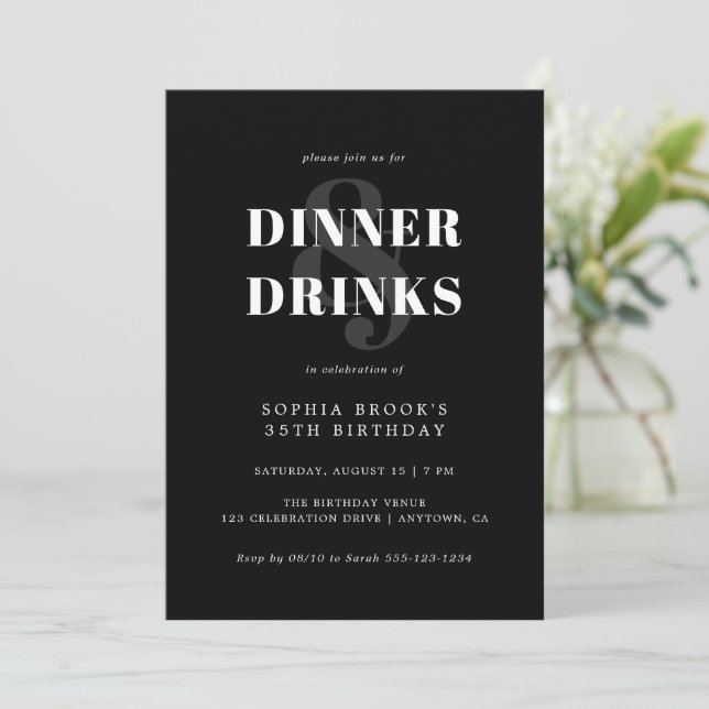 Invitation Chic Black Bold Typographie Adult Anniversaire Dîn (Debout devant)