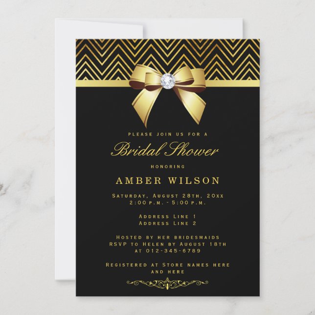 Invitation Chic Black Gold Chevrons Diamond Bow Fête des mari (Devant)