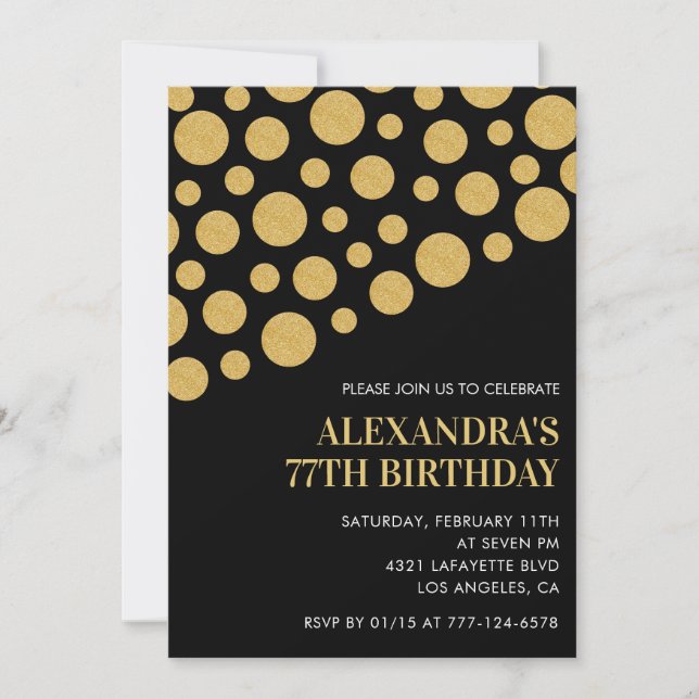 Invitation Chic Black Gold Confetti 77e anniversaire (Devant)