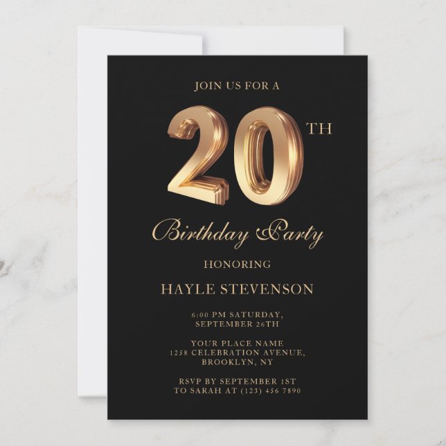Invitation Chic Black & Gold Luxe élégant 20e anniversaire (Devant)