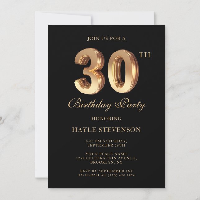 Invitation Chic Black & Gold Luxury élégant 30e anniversaire (Devant)