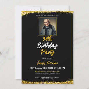 Invitation Chic Black & Gold Photo 90e anniversaire