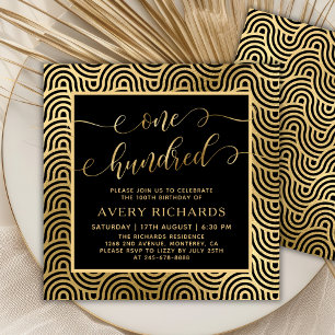 Invitation Chic Black Gold Un cent Script 100e anniversaire