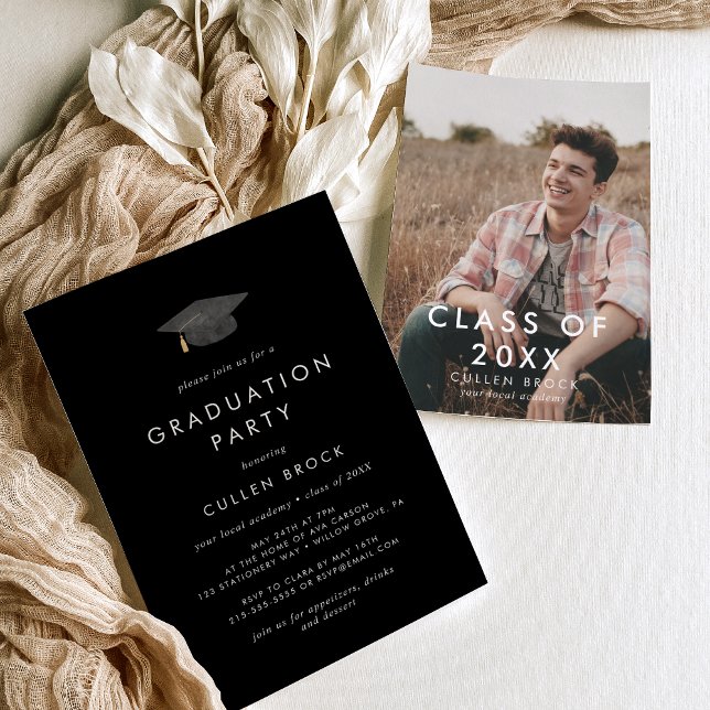 Invitation Chic Black Grad Classe Casquette de 2024 Photo Gra (Créateur téléchargé)