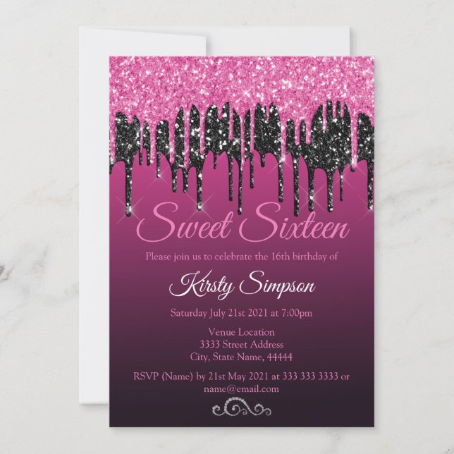 Invitation Chic Black Hot Rose Parties scintillant Sweet sixt (Devant)