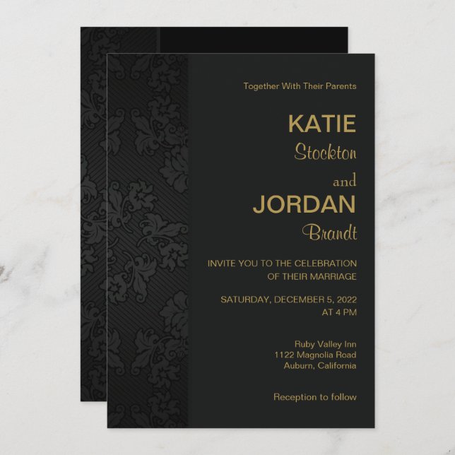 Invitation Chic Black Mariage damassé (Devant / Derrière)