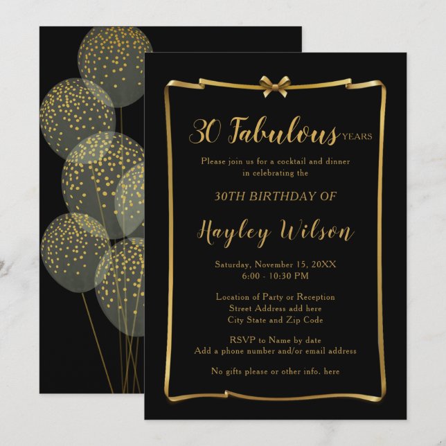 Invitation Chic Black n Gold Bow Frame l'anniversaire de la f (Devant / Derrière)