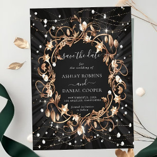 Invitation Chic Black Ornate Feuilles Or Enregistrer La Date