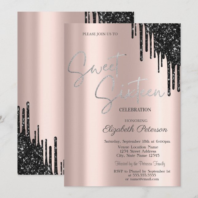 Invitation Chic Black Parties scintillant Drips, Rose Gold Sw (Devant / Derrière)