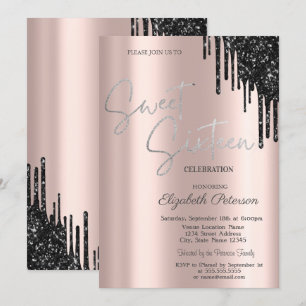 Invitation Chic Black Parties scintillant Drips, Rose Gold Sw