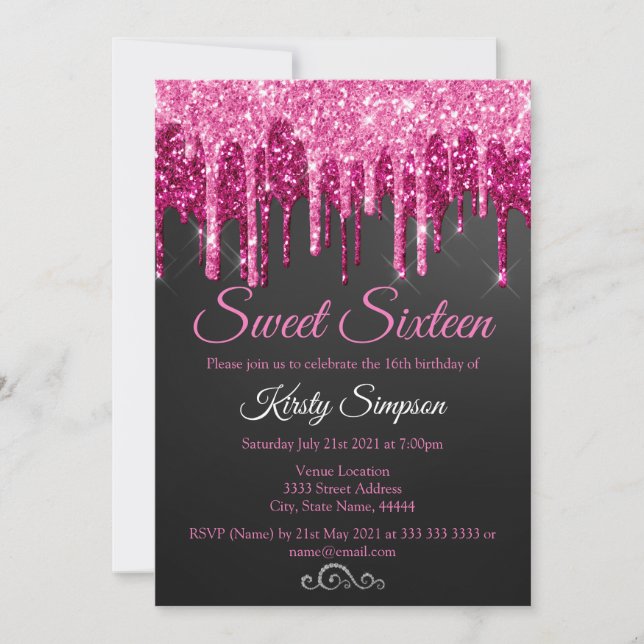 Invitation Chic Black Rose Parties scintillant Sweet sixteen  (Devant)