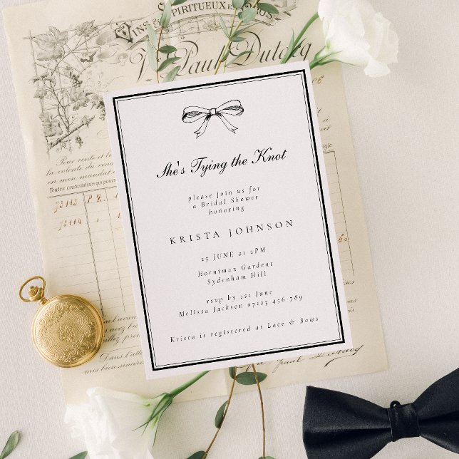 Invitation Chic Black She's Tying the Knot Bow Fête des marié (Créateur téléchargé)