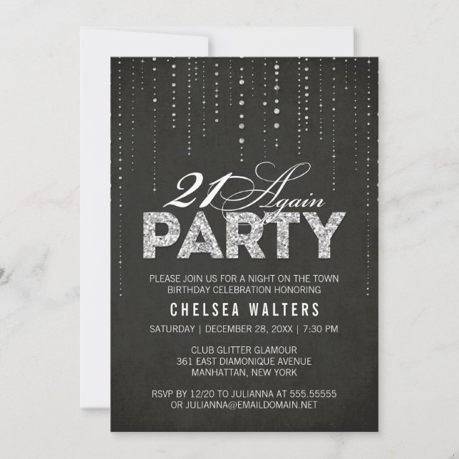 Invitation Chic Black & Silver 21 Encore fête d'anniversaire (Devant)