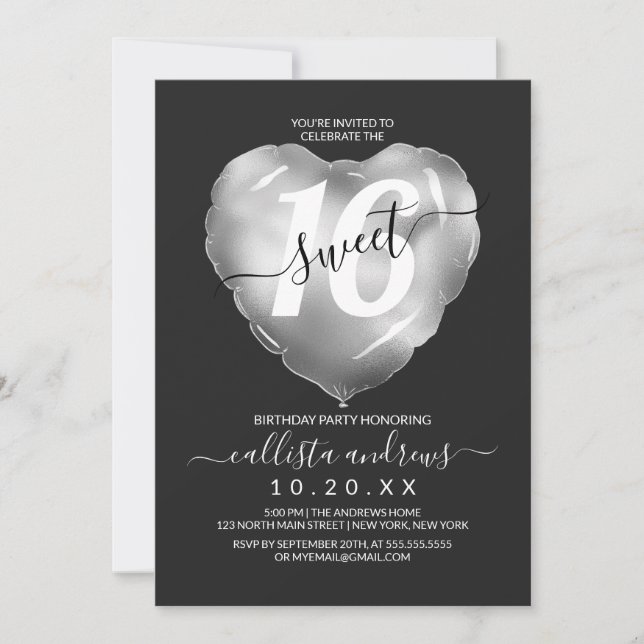 Invitation Chic Black Silver Foil Coeur Balloon Sweet 16 (Devant)
